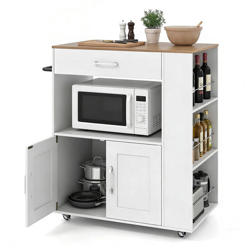 GIANTEX Küchenwagen mit Rollen, Servierwagen mit Arbeitsplatte, weiss, mit Schublade, Schrank und drei Gewürzregalen