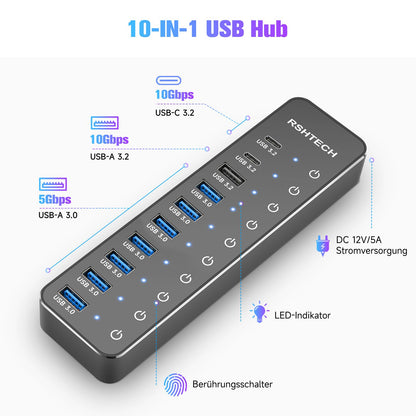 RSHTECH USB Hub 3.2 Aktiv 10 Port mit Netzteil - RSH-ST10C