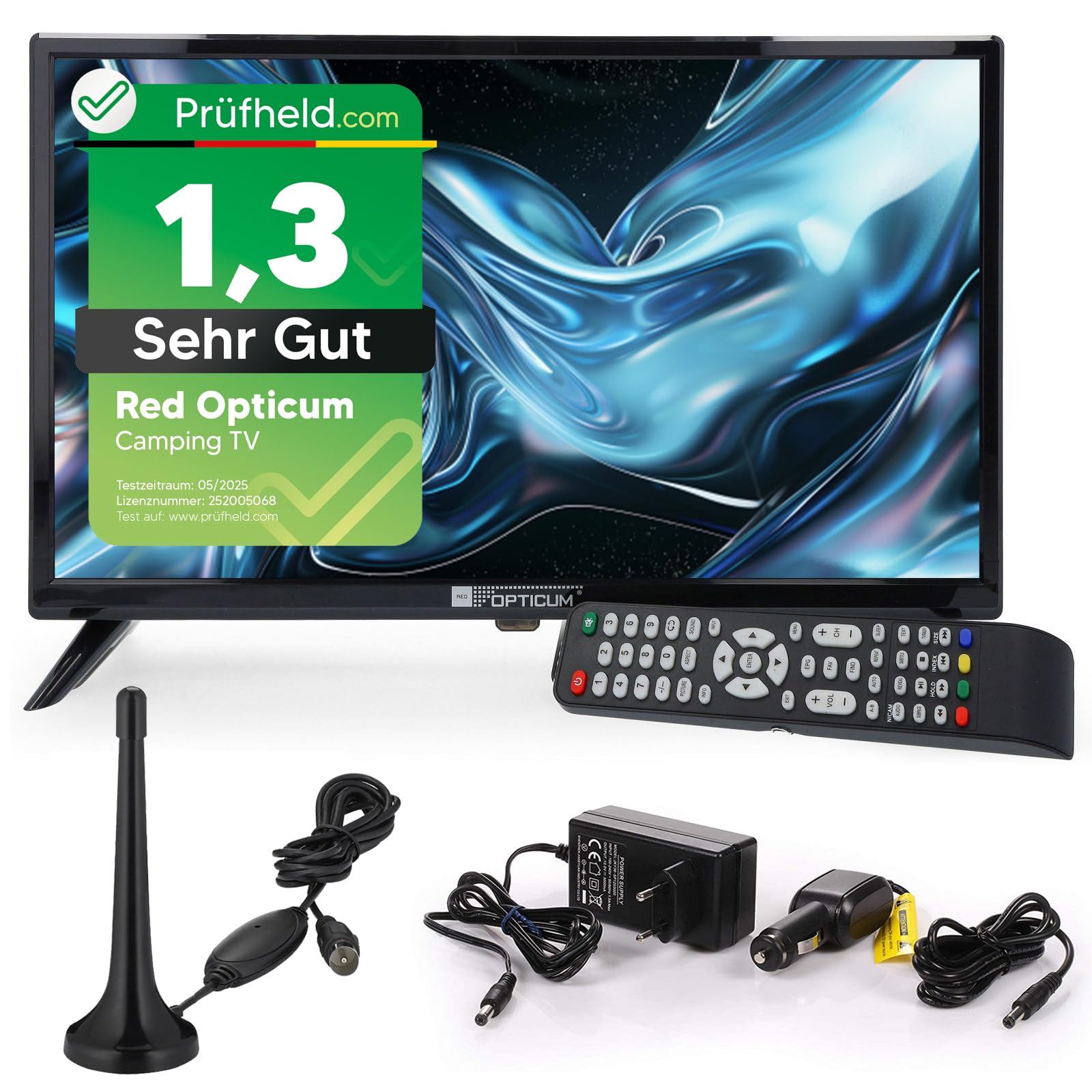 RED OPTICUM LED TV 19 Zoll Camping Fernseher 12V/230V Triple Tuner mit schmalem Rahmen und DVB-T2-Stabantenne