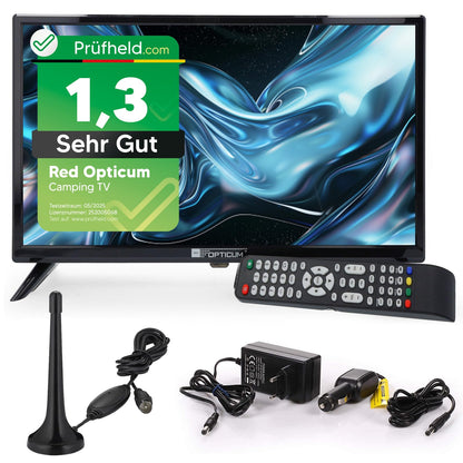 RED OPTICUM LED TV 19 Zoll Camping Fernseher 12V/230V Triple Tuner mit schmalem Rahmen und DVB-T2-Stabantenne