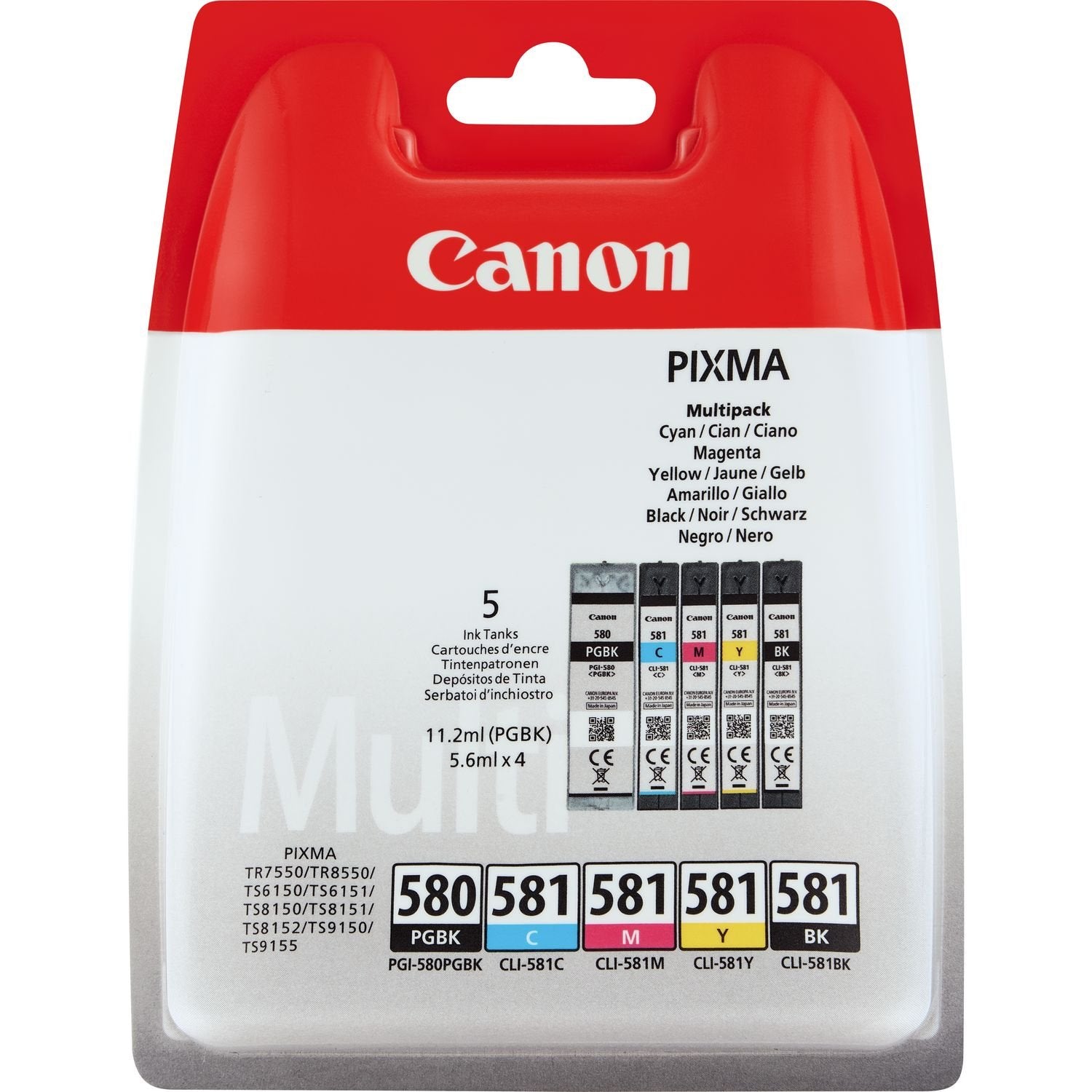 Canon Original PGI-580 PGBK / CLI-581 Tintenpatronen-Set 5 Stk. Fünf rechteckige Patronen in Schwarz und CMYK für Canon Tintenstrahldrucker.