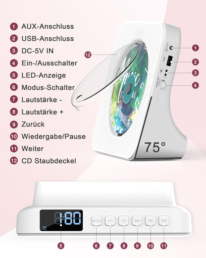 Greadio CD-Player tragbar mit Bluetooth, FM-Radio und Fernbedienung