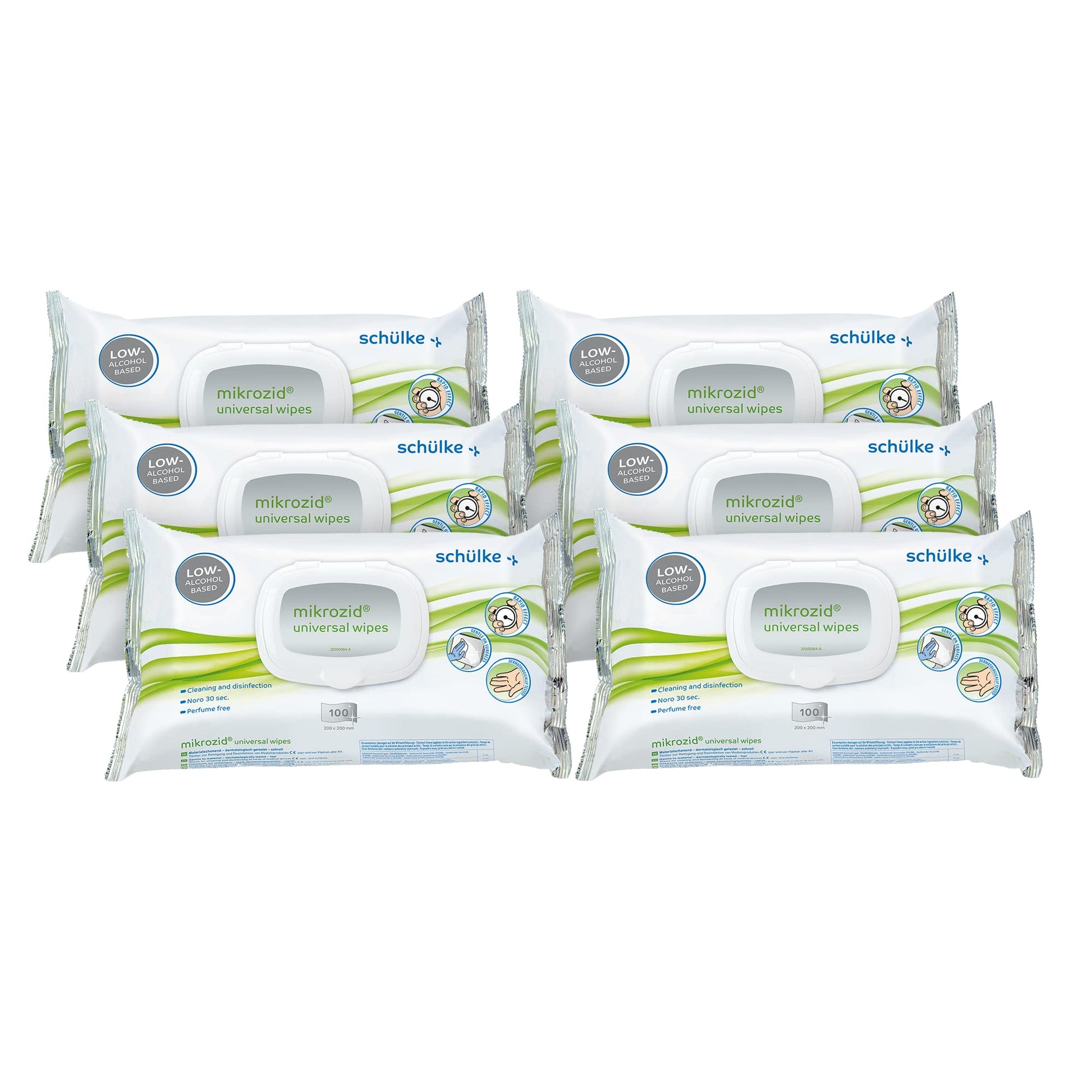 Mikrozid Universal Wipes premium Desinfektionstücher. Weiße, feuchte Vliestücher in Spenderdose zur alkoholischen Schnelldesinfektion von Oberflächen.