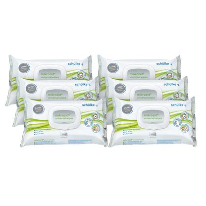 Mikrozid Universal Wipes premium Desinfektionstücher. Weiße, feuchte Vliestücher in Spenderdose zur alkoholischen Schnelldesinfektion von Oberflächen.