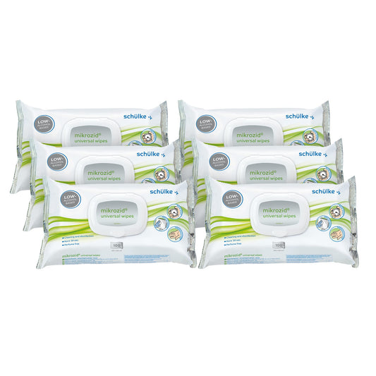 Mikrozid Universal Wipes premium Desinfektionstücher. Weiße, feuchte Vliestücher in Spenderdose zur alkoholischen Schnelldesinfektion von Oberflächen.