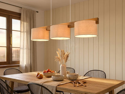 meineWunschleuchte Pendelleuchte Holz Stoff Beige 3-flammig E27