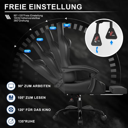 Devoko Ergonomischer Gaming Stuhl mit Massage & Fussstütze - Schwarz