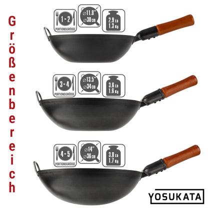 YOSUKATA Karbonstahl Wok 34 cm, flacher Boden, voreingebrannt