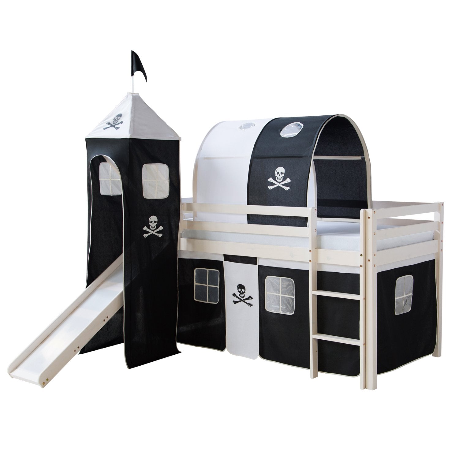 Homestyle4u 522 Kinderhochbett Weiss Pirat Schwarz 90x200 cm. Weiß, Piratendekor, für erhöhten Schlaf- & Spielbereich.