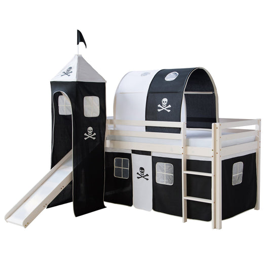 Homestyle4u 522 Kinderhochbett Weiss Pirat Schwarz 90x200 cm. Weiß, Piratendekor, für erhöhten Schlaf- & Spielbereich.