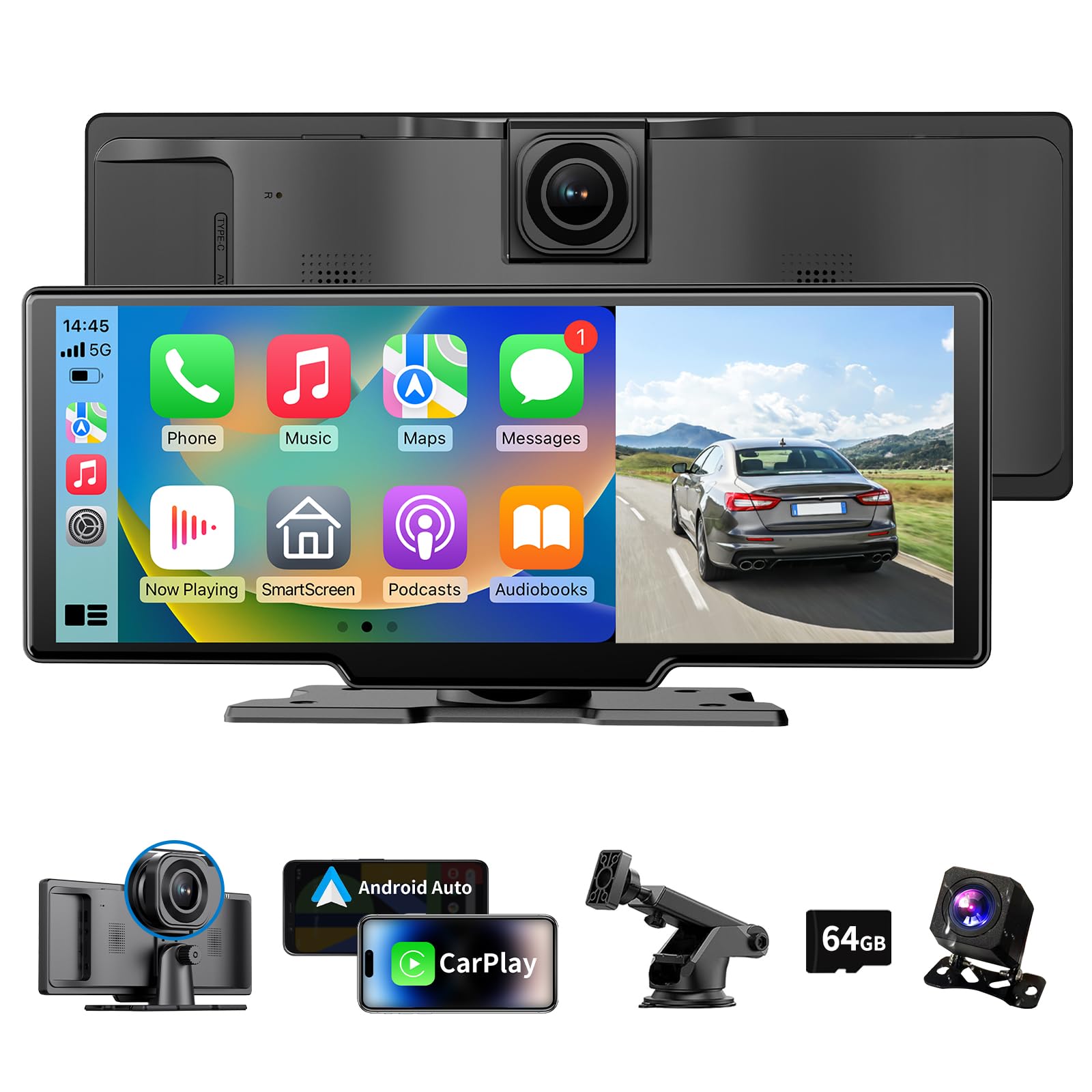 10.26 Zoll 4K Autoradio Wireless CarPlay Android Auto Dashcam: Schwarzes Display. Integriert Navigation, Medien und Fahrtenaufzeichnung im Fahrzeug.