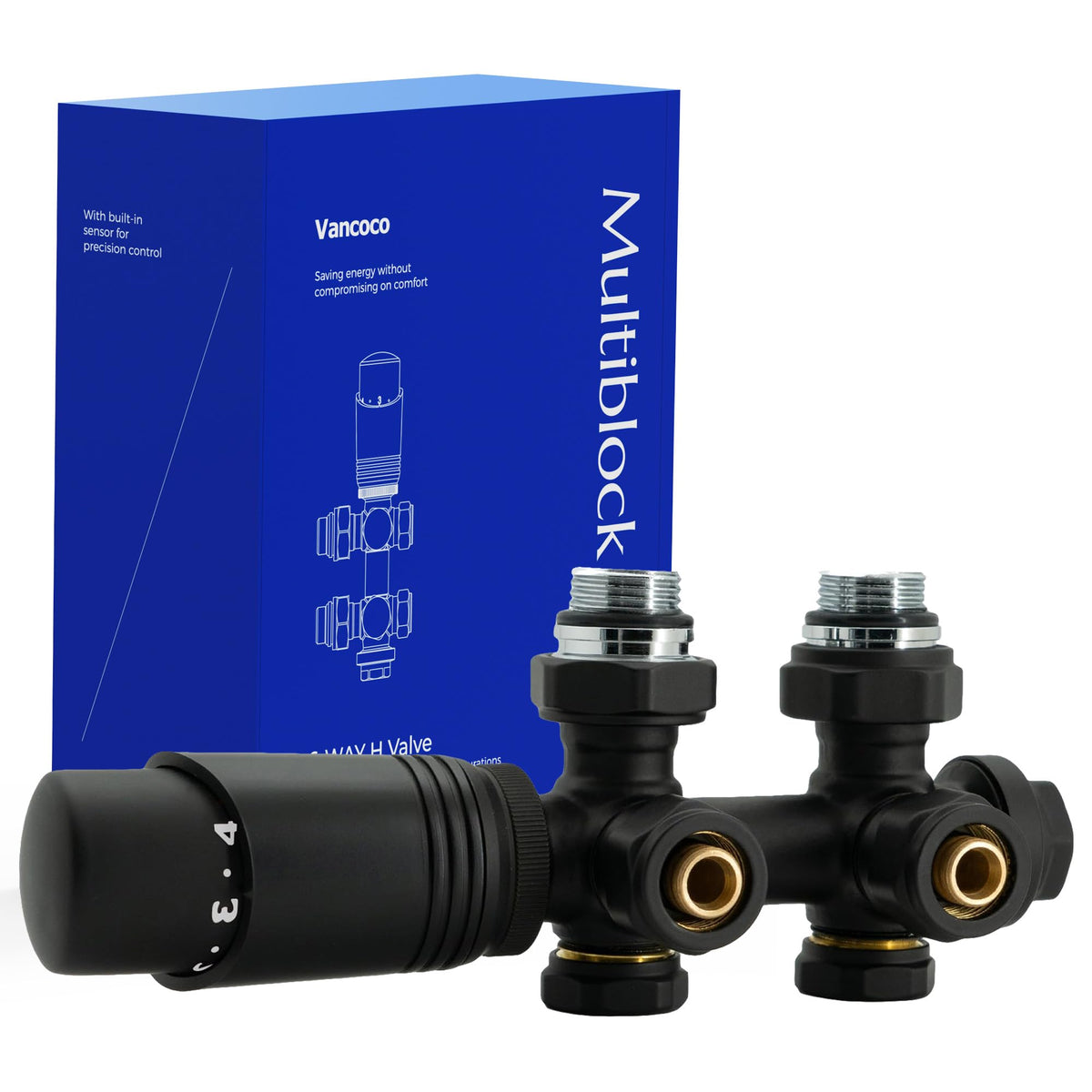 VANCOCO Multiblock Hahnblock mit Thermostat 50 mm schwarz, massives Messing mattschwarz, Eck- und Durchgangsform