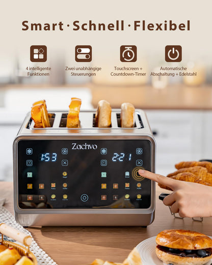 ZACHVO Toaster 4 Scheiben Edelstahl mit Touchscreen & 2 Toastzonen