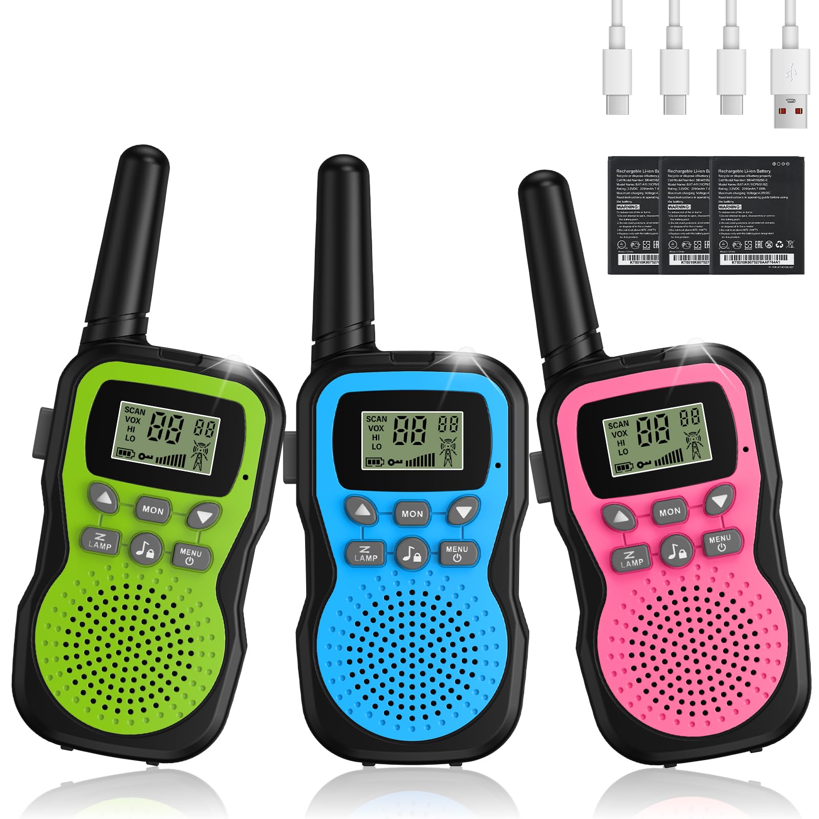Apkezel Walkie Talkie Kinder 3er Set, 1000mAh Akku, 3km Reichweite – Funkgeräte mit LCD-Display und Taschenlampe
