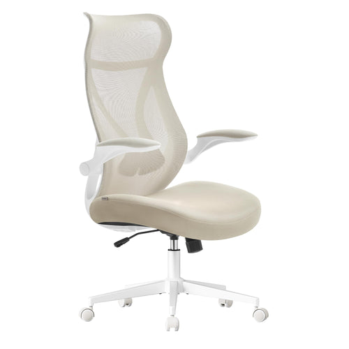 SONGMICS Bürostuhl OBN088K01, ergonomischer Drehstuhl, cappuccinobeige, mit Kopfstütze