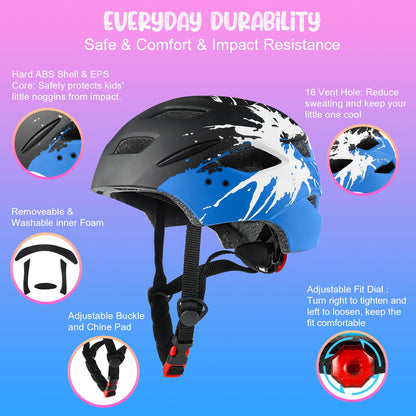 RaMokey Kinder Fahrradhelm mit LED-Rücklicht, 50-56 cm, Schwarz-Blau