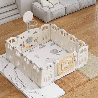 UBRAVOO Baby-Laufstall faltbar – 14 Felder, Weiss, mit Basketballkorb