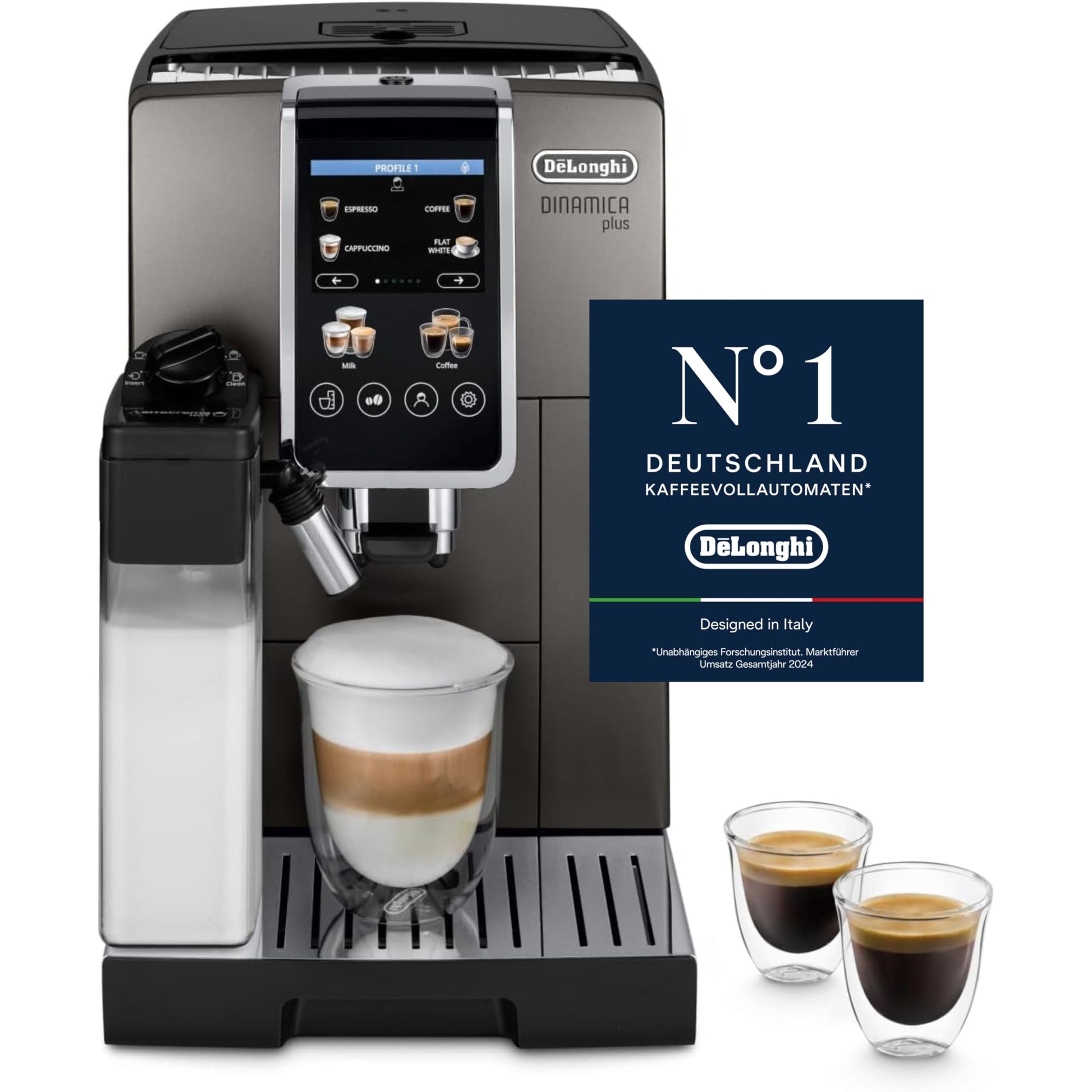 De'Longhi Dinamica Plus ECAM380.95.TB Kaffeevollautomat - Titan/Schwarz. Quaderförmig, Titan/Schwarz. Automatisiert Espresso, Cappuccino mit Mahlwerk und Milchsystem.