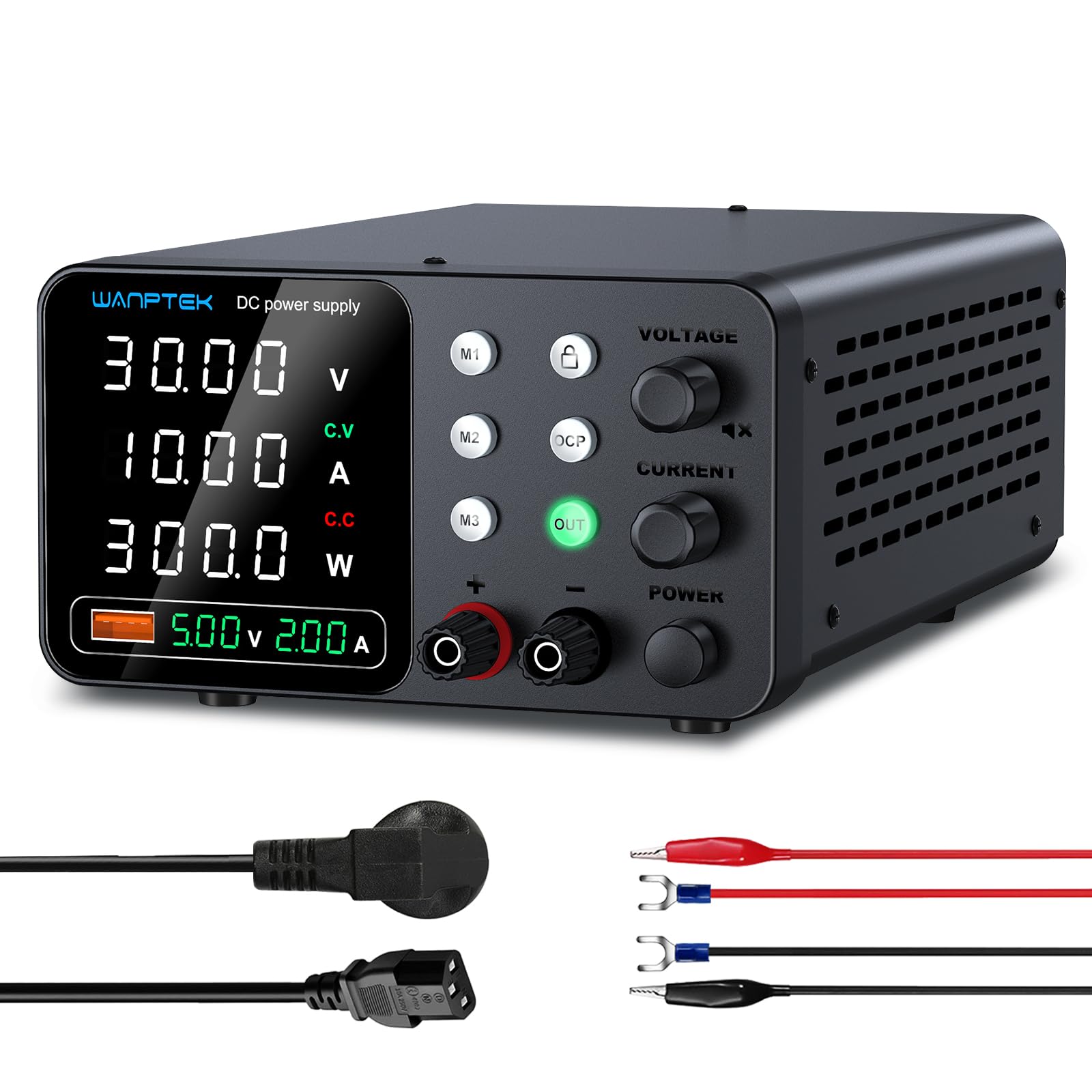 WANPTEK POWER Labornetzteil 30V 10A, rechteckig, dunkel, LED-Anzeige. Liefert regelb. Gleichspannung/strom für Elektronik, mit USB-Schnellladung.