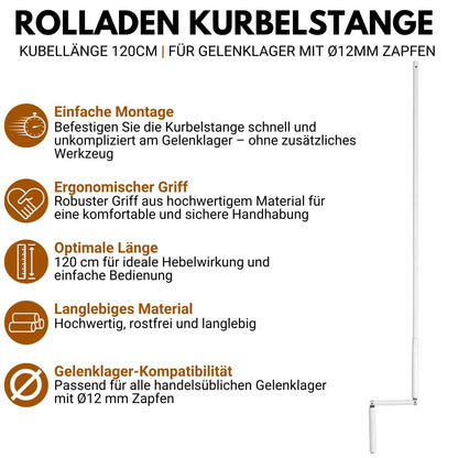 markiso Rolladen-Kurbelstange 120 cm, Aluminium weiss, Ø 12 mm Zapfen