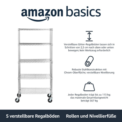 Amazon Basics Lagereinheit Schwerlast-Rollregal 5 Böden - Chrom