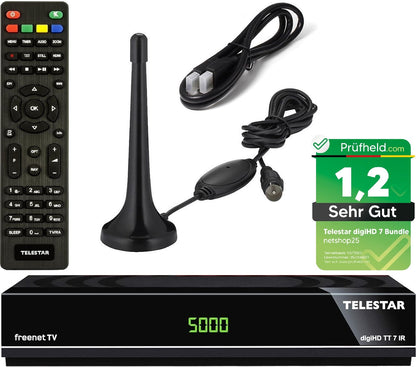 Telestar SL65T2 DVB-T2/DVB-C Receiver Full HD mit Antenne, HDMI-Kabel – Teleskopantenne und Fernbedienung