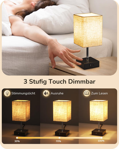EDISHINE LED Nachttischlampe Touch dimmbar 2er-Set mit USB, beige
