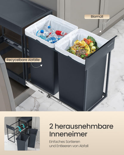 SONGMICS Mülltrennsystem Unterschrank, Abfalleimer 2 x 15 L, grau
