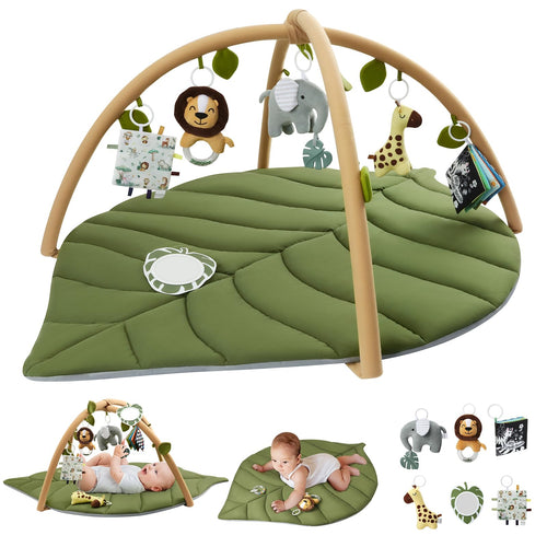 Blissful Diary Spielbogen Baby mit Blatt-Spieldecke und 6 Spielzeugen – grüne Blattform mit hängenden Tierspielzeugen