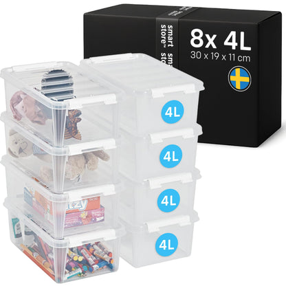 SmartStore Aufbewahrungsboxen aus Kunststoff, 4 l, 8er-Set, weiss, stapelbar mit Clipverschluss
