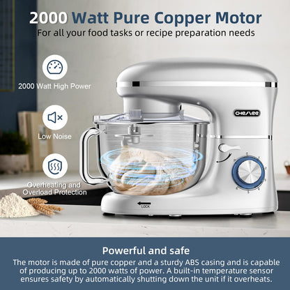 CHeflee Küchenmaschine Teigmaschine 2000W Knetmaschine,Mit 6.2L EdelstahlschüSsel,6 Geschwindigkeit Reduzierte GeräUsche,Mit RüHrbesen,RüHrhaken,SpritzwassergeschüTzter Knetmaschine Mit Knethaken