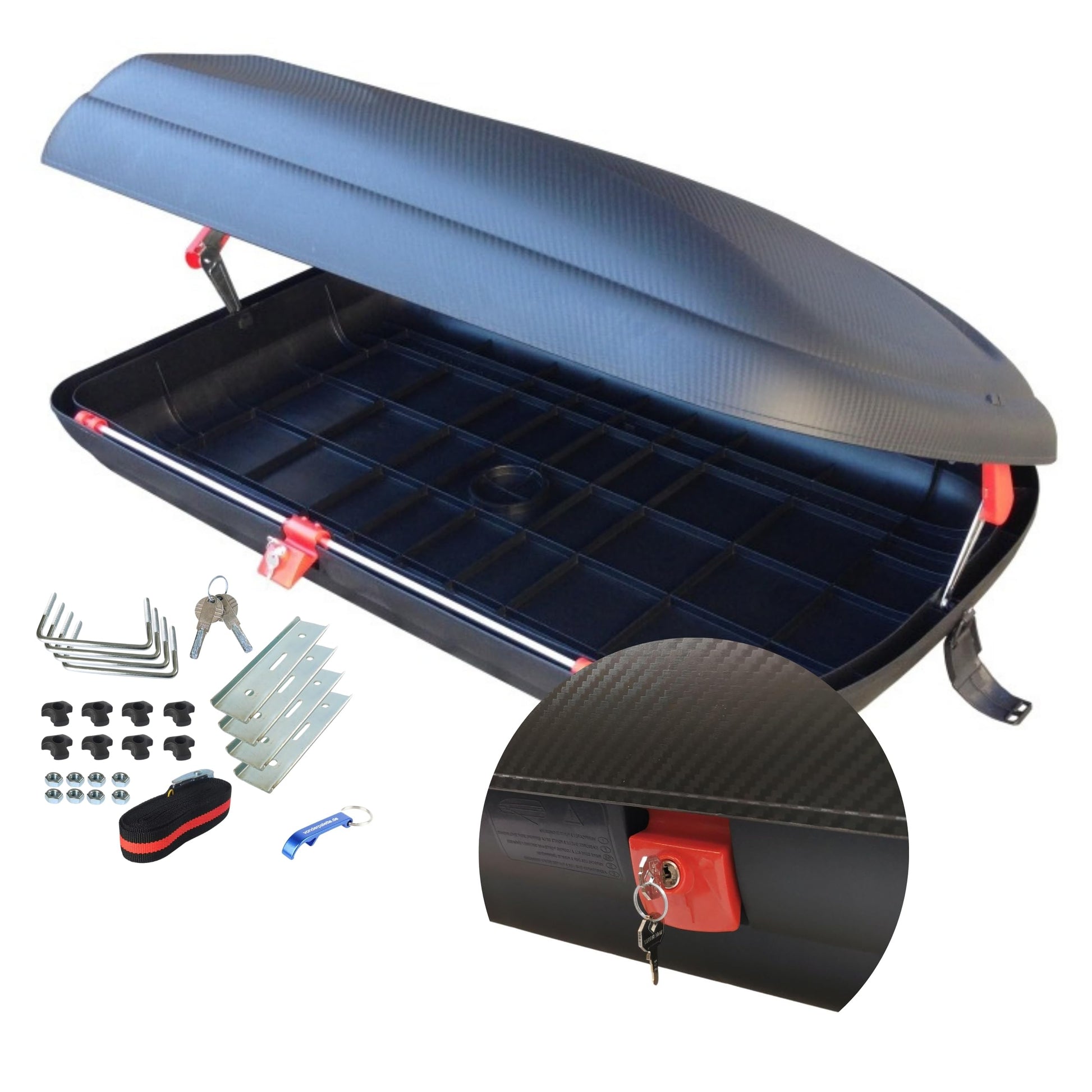 VDP BA320 Dachkoffer, Carbon Optik. Bietet 320 Liter zusätzlichen Stauraum für Fahrzeuge.
