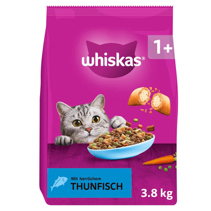 WHISKAS Trockenfutter Adult 1+ mit Thunfisch für Katzen, 3 x 3,8 kg
