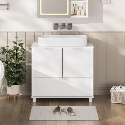 FORABAMB Waschbeckenunterschrank mit 2 Türen, Schublade, weiss, 60 cm