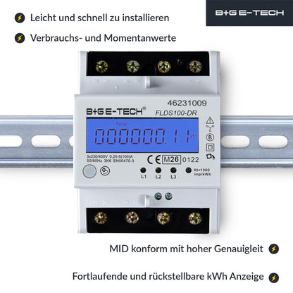 B+G E-Tech Drehstromzähler FLDS100-DR Hutschiene 100A MID