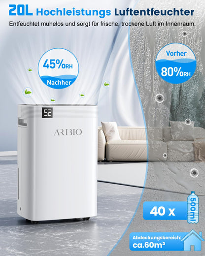 ARIBIO Luftentfeuchter elektrisch 20L/Tag PD08C-20 mit Ablaufschlauch
