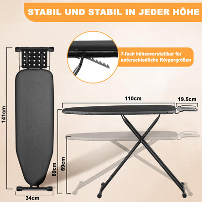 VIOFOTT Bügelbrett M1 klappbar, höhenverstellbar 69-89 cm, 120 x 34 cm