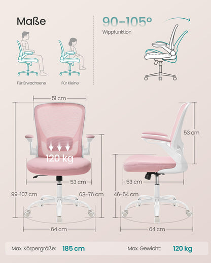 SONGMICS Bürostuhl ergonomisch, Drehstuhl mit Mesh, pastellrosa