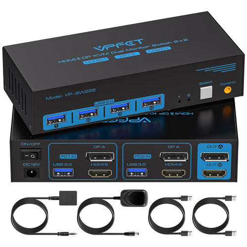 CMSTEDCD 8K60Hz Displayport HDMI KVM Switch - 2 PC 2 Monitore USB 3.0. Schwarz, kompakt. Für 2 PCs mit 2 Monitoren.