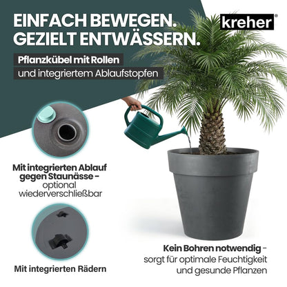 Kreher XXL Pflanzkübel rund mit Rollen, 79 cm, Anthrazit, 2er Set
