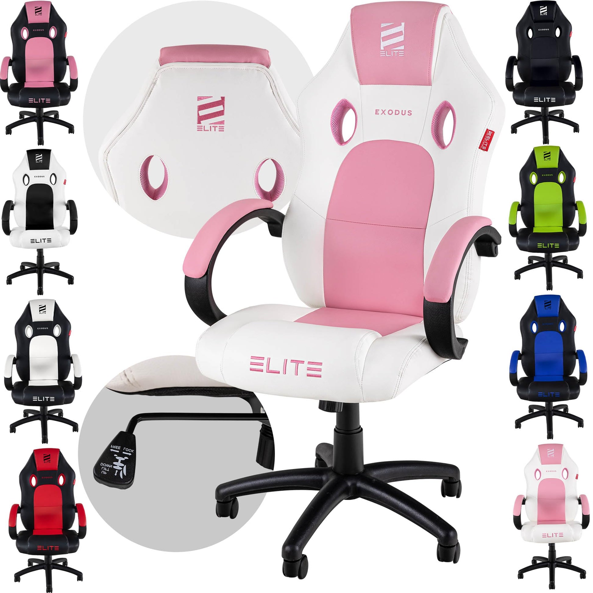 ELITE MG100 Exodus ergonomischer Gamingstuhl - Weiss/Pink. Bietet ergonomische Sitzunterstützung beim Gaming.