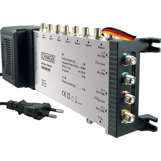 SCHWAIGER SEW4058 531 SAT Multischalter 5/8 mit Netzteil. Metallgehäuse. Verteilt SAT-Signale von 5 LNBs an 8 Receiver.