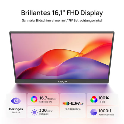 ARZOPA 16.1" Tragbarer Monitor FHD IPS – für Laptop