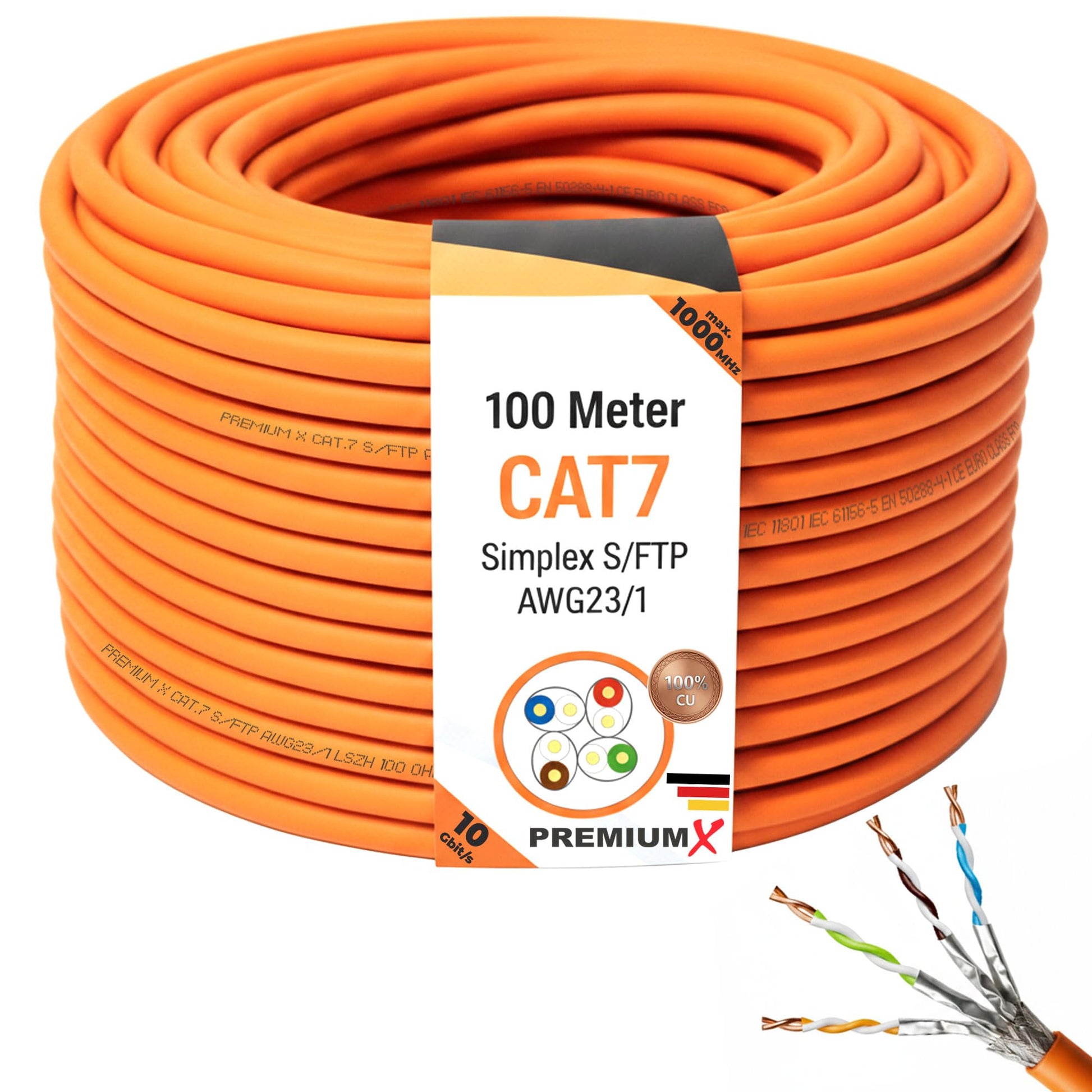 Premium X CAT 7 Netzwerkkabel 100m S/FTP Installationskabel, oranger halogenfreier Aussenmantel