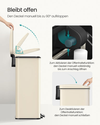 SONGMICS Tretmülleimer 40 Liter aus Stahl mit Softclose, sandbeige
