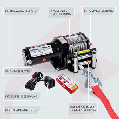 ROTFUCHS Elektrische Seilwinde EWR3000 12V, 1360 kg Zugkraft