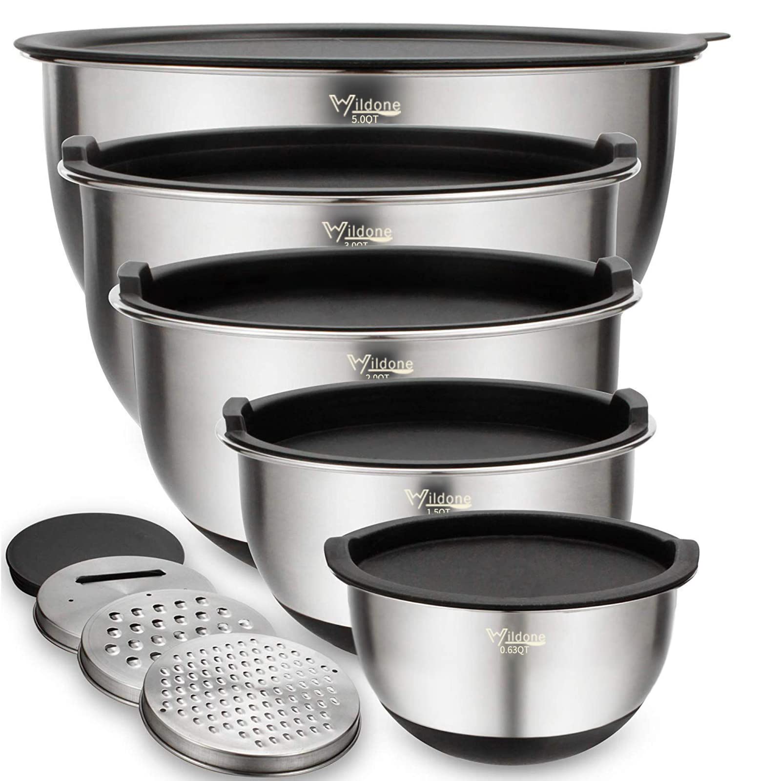 Wildone Rührschüssel-Set Edelstahl, 5-teilig, mit Deckeln und Reiben zum Mischen und Servieren