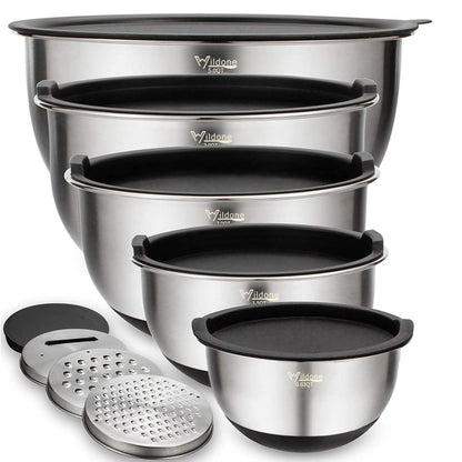 Wildone Rührschüssel-Set Edelstahl, 5-teilig, mit Deckeln und Reiben zum Mischen und Servieren