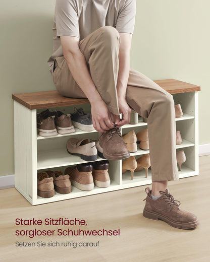 VASAGLE Schuhbank mit Stauraum, 6 Fächer, vintageweiss-honigbraun