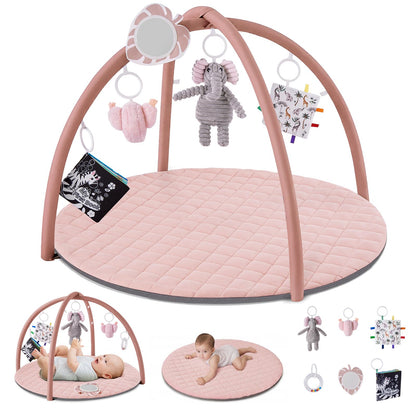 Blissful Diary Spielbogen Baby mit Spieldecke und 6 Spielzeugen, Rosa, mit hängenden Babyspielzeugen